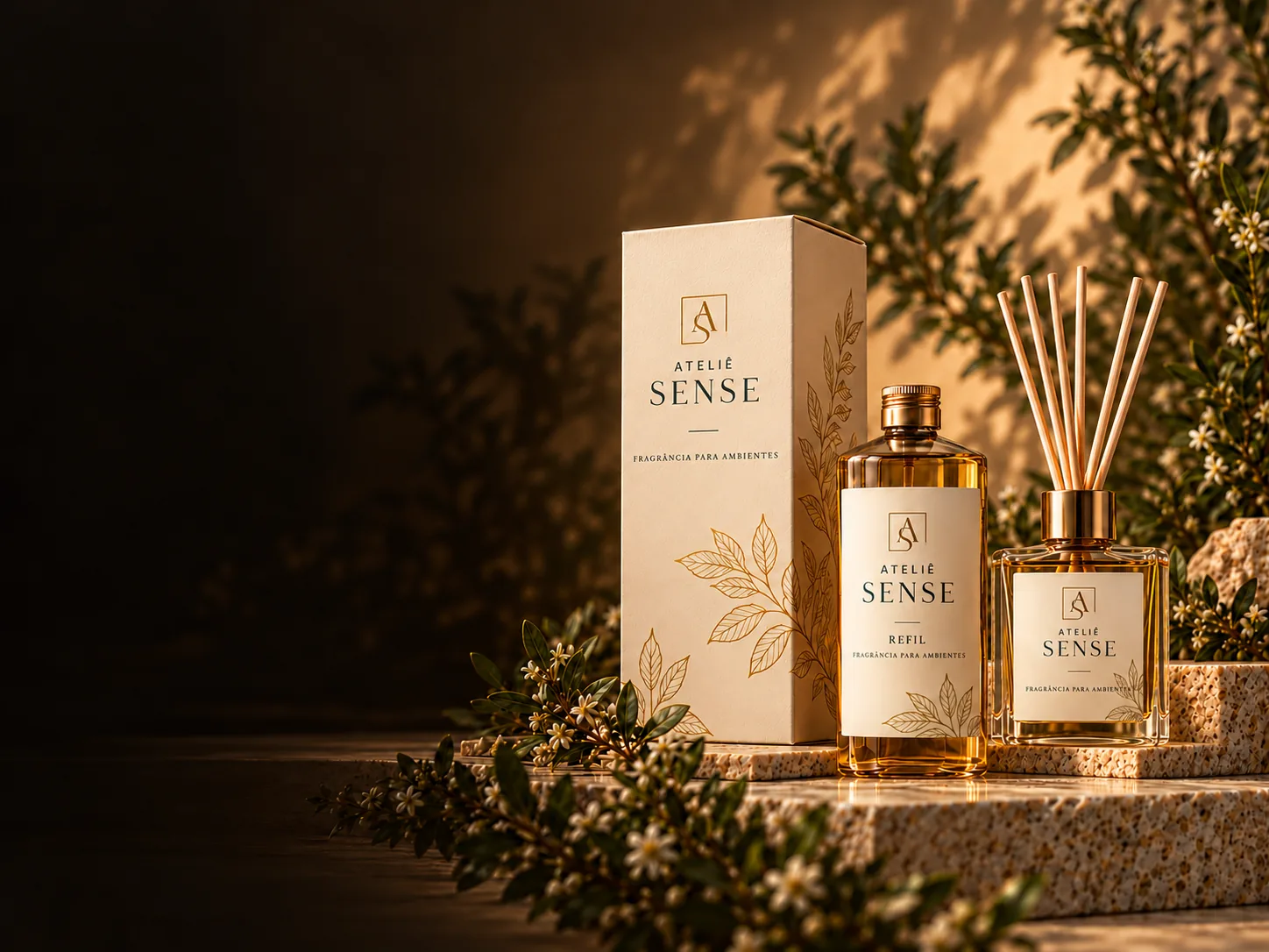 Linha de fragrâncias para ambientes do Ateliê Sense: home spray, difusor e refil